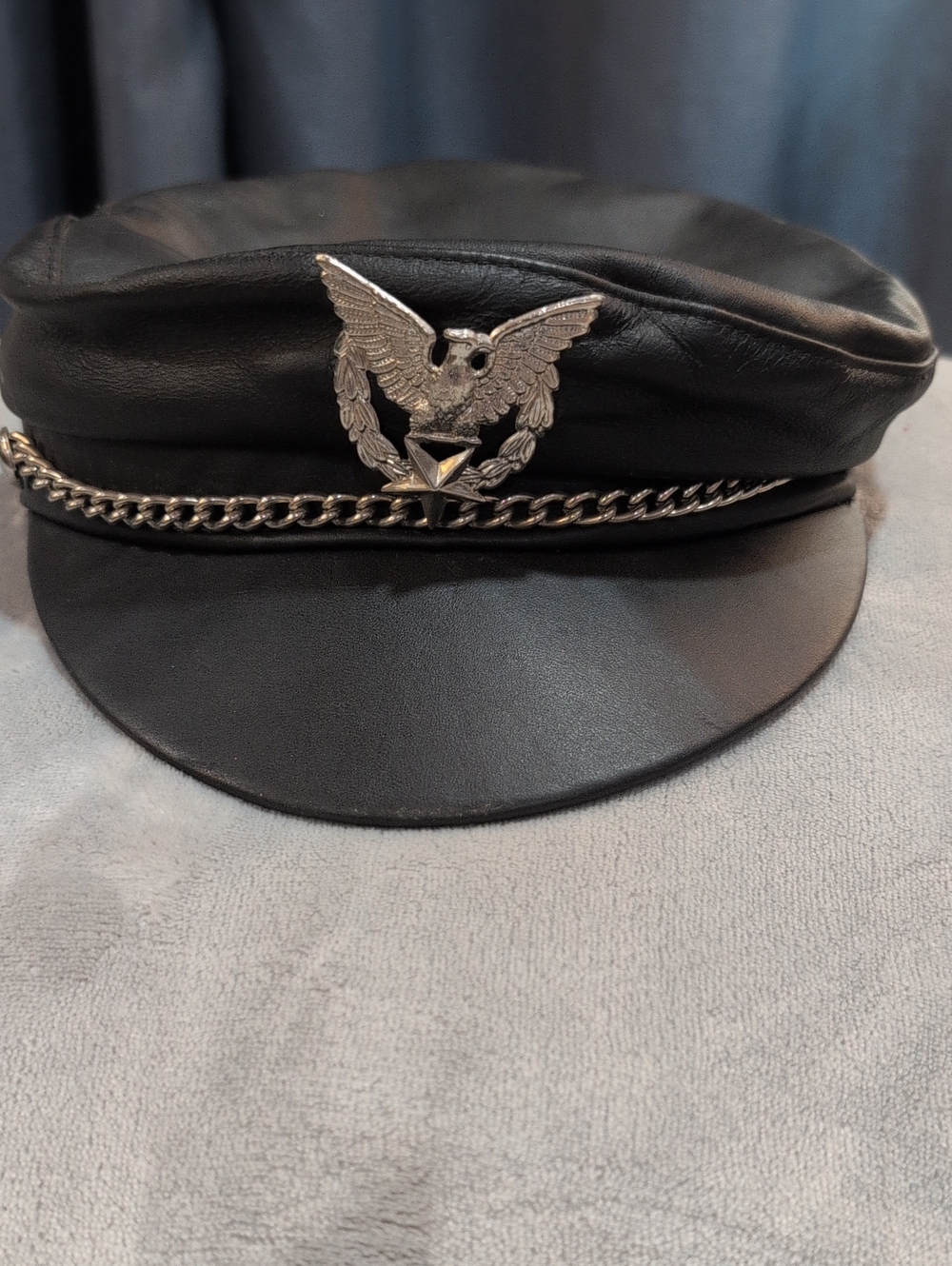 Black Leather Captain Cap with Eagle Emblem